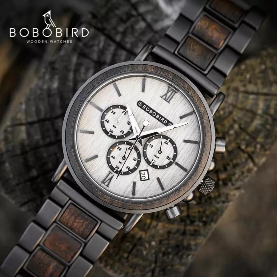 残り一つ❗ボボバード メンズ 木製腕時計 クロノグラフ グレー T50-2 BOBO BIRD 木製腕時計 メンズ ウッドウォッチ 40代 50代 クロノ