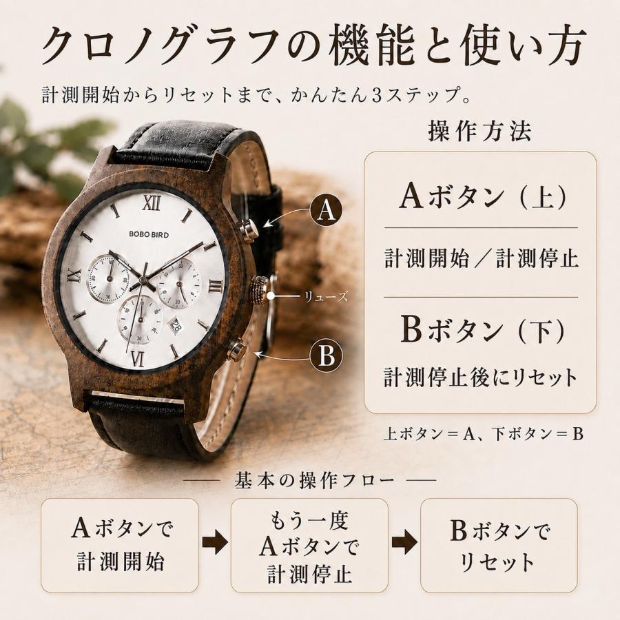 BOBO BIRD 木製腕時計 メンズ クロノグラフ 日本製Miyotaクォーツ 42.7