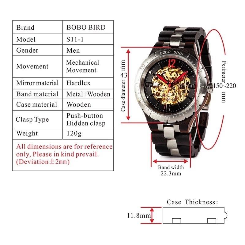 腕時計 メンズ 40代 50代 ボボバード BOBO BIRD 木製腕時計 機械式腕時計 スケルトン 自動巻 手巻き付き 父の日 S11 BOBO BIRD 手巻き付き