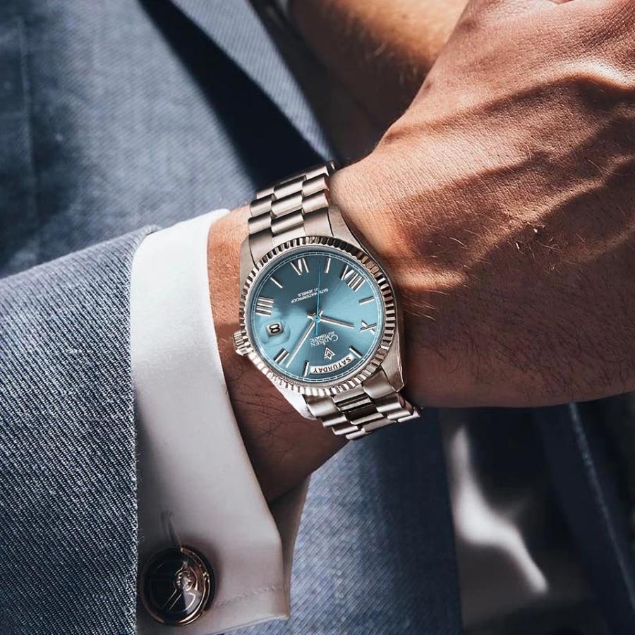 自動巻き腕時計 メンズ 40代 50代 オマージュウォッチ デイデイト CADISEN 機械式 手巻き付き アイスブルー C8185G｜circulo｜18