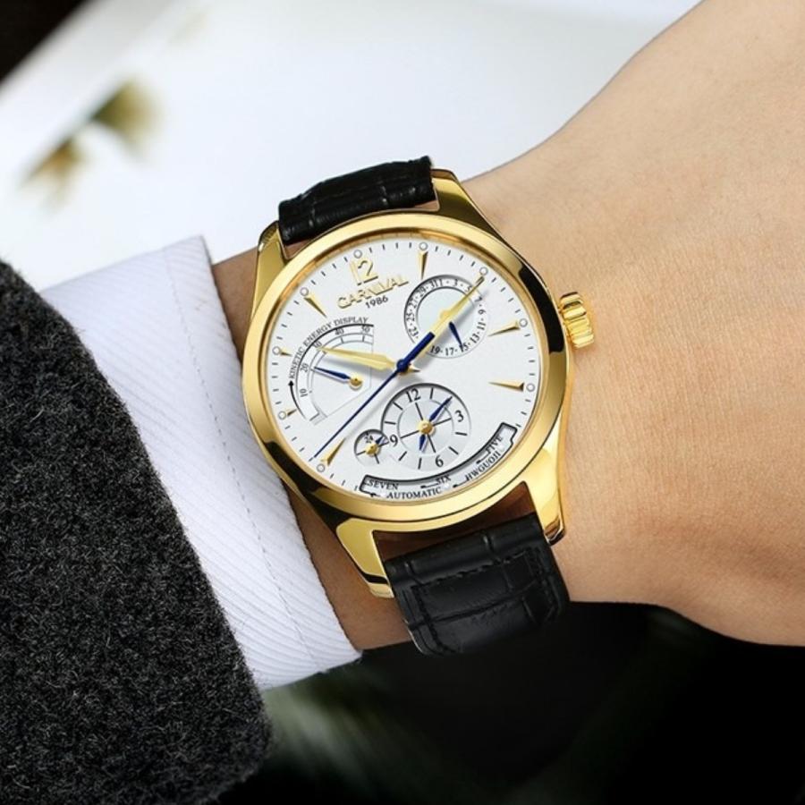 機械式腕時計 メンズ GMT 自動巻き パワーリザーブインジケーター 黒革