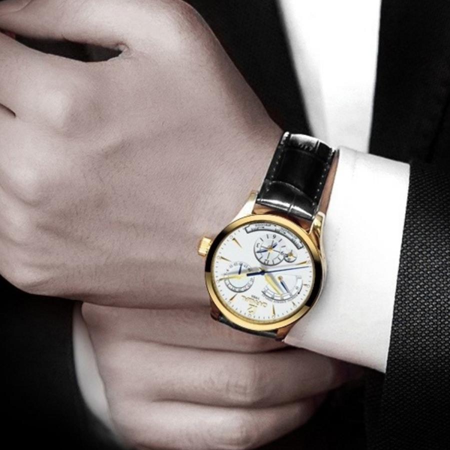 機械式腕時計 メンズ GMT 自動巻き パワーリザーブインジケーター 黒革