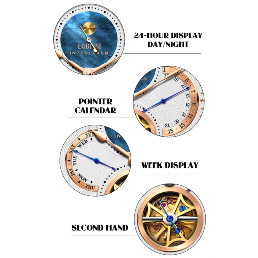 腕時計 メンズ 40代 50代 LOBINNI 機械式 自動巻き 週表示 日付表示 24時間表示 シースルーバック 革ベルト 父の日 |  | 04