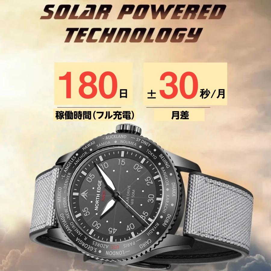 腕時計 メンズ ソーラー ワールドタイム機能 パイロットウォッチ 5気圧防水 ナイロン 革 NORTH EDGE MACH |  | 04