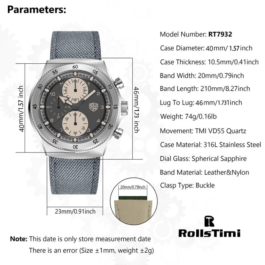 腕時計 メンズ 40代 50代 クロノグラフ クォーツ ナイロンベルト 革 回転ベゼル 5気圧防水 Rolls Timi RT-7932 |  | 15