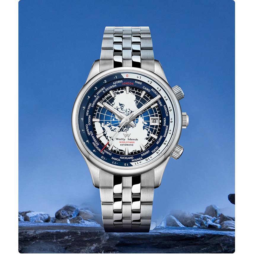 機械式腕時計 メンズ ワールドタイム 自動巻き カレンダー WELLY