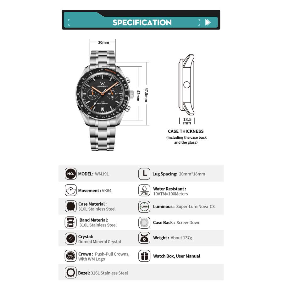 腕時計 メンズ 40代 クロノグラフ メカニカルクォーツ クォーツ式