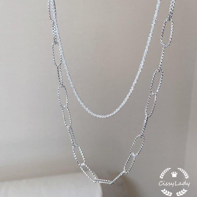 シルバー キラキラ クリスクロスチェーン ネックレス 上品 重ね付け