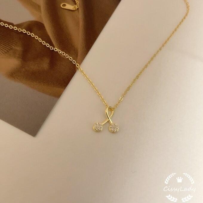 S925純銀製 繊細 さくらんぼ クロス ネックレス K14仕上げ シルバー925 