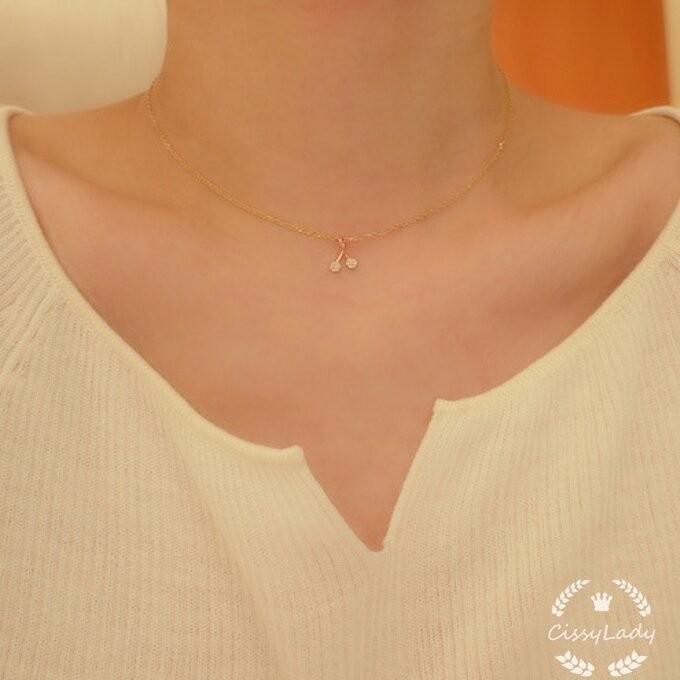 S925純銀製 繊細 さくらんぼ クロス ネックレス K14仕上げ シルバー925 