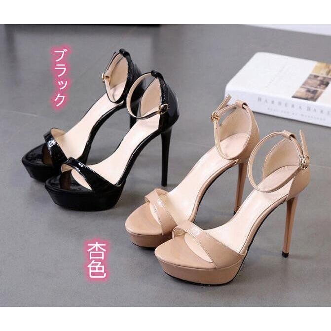 エナメル靴 杏色 サンダル レディース ハイヒール 夏 ヒール12cm