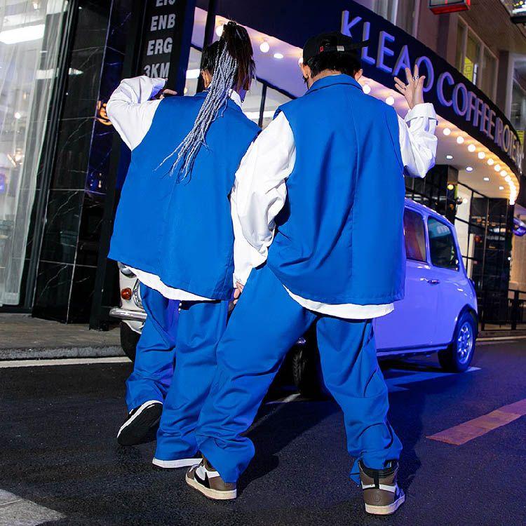 ダンス衣装 キッズ ヒップホップ 青 スーツ セットアップ 男の子 女の子 韓国 かっこいい k-pop ジャズダンス 白シャツ ベスト 長袖 ワイドパンツ hiphop 子供