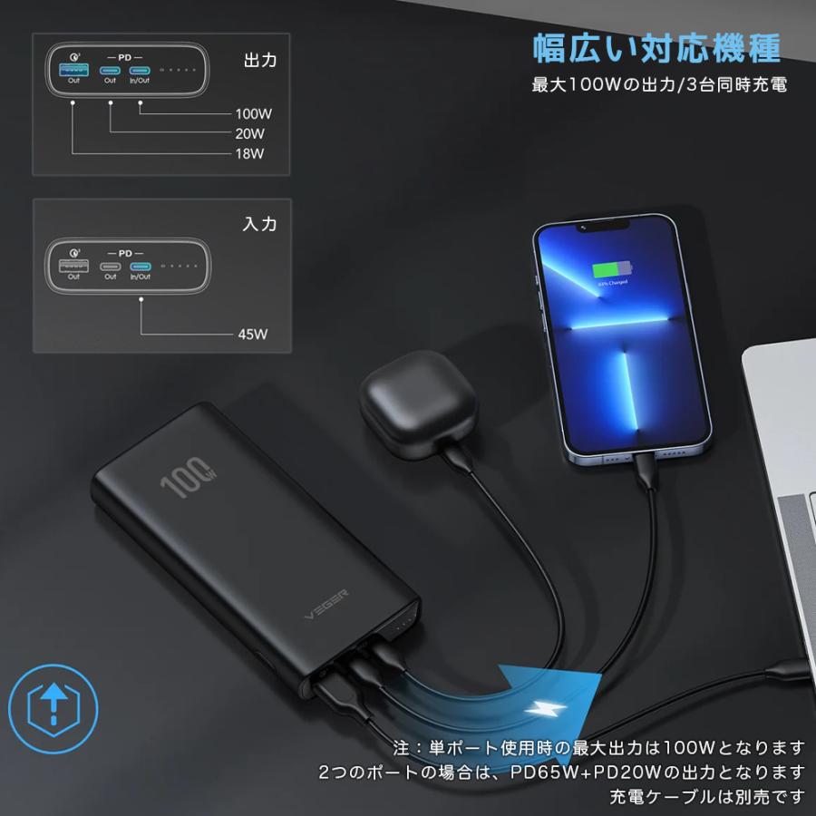 モバイルバッテリー 超大容量 20000mAh 100W  VEGER Power Bank T100 ブラック PSE/3台同時充電 ランプトップ Macbook iPad iPhone スマートフォン タブレット｜civil-life｜03