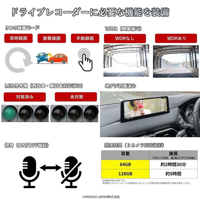 ドライブレコーダー PAPAGO 前後 左右 490° 3カメラ GPS 赤外線撮影 2年保証 パパゴ GoSafe 490G2K GS490G2-64GB (お取寄せ)｜ciz｜12