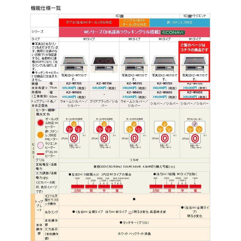 パナソニック IHクッキングヒーター ビルトイン 2口 IH＋ラジエントヒーター 幅60cm Wシリーズ グリル付き KZ-W163S (お取寄せ)｜ciz｜05