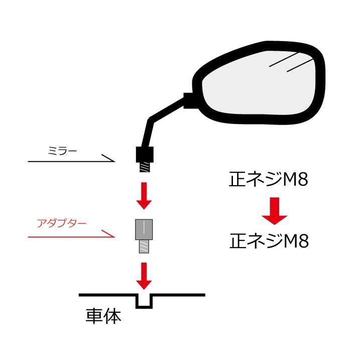 ミラー アダプタ ネジ径 変換 バイク ミラー側 M8 正ねじ → 車体側 M8 正ねじ P1.25 2個 15mm延長 ジョイント 調節 シルバー｜ck-custom｜03