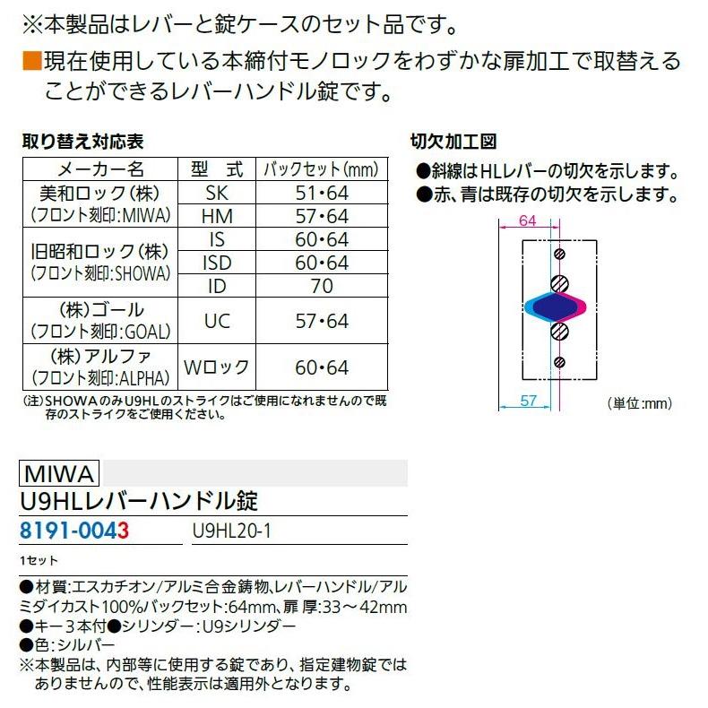 U9HLレバーハンドル錠 U9HL20-1 / 1セット入り 81910043 MIWA : Clair