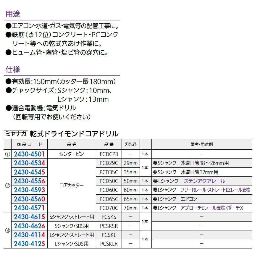 乾式ドライモンドコアドリル / コアカッター 1本入り PCD50C 24304556 ミヤナガ