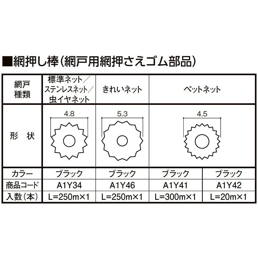 網押し棒 きれいネット用 L＝250m / 1本 A1Y46 網戸用網押さえゴム LIXIL リクシル TOSTEM トステム | LIXIL