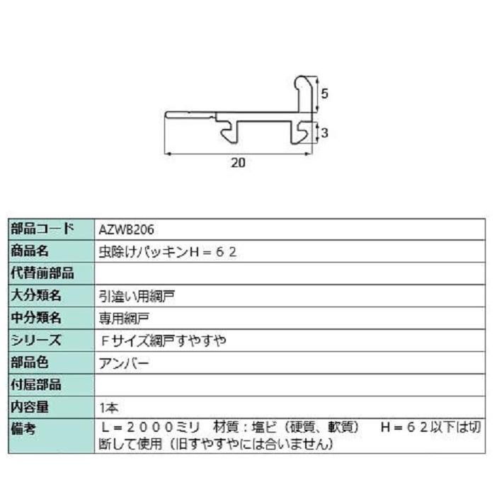 虫除けパッキン L：2,000mm / 1本入り 部品色：アンバー AZWB206 交換用 部品 LIXIL リクシル TOSTEM トステム | 