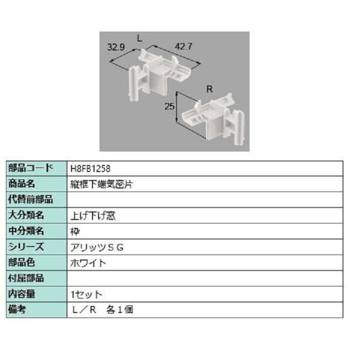 縦框下端気密片 / 1セット入り 部品色：ホワイト H8FB1258 交換用 部品 新日軽 LIXIL リクシル TOSTEM トステム | 