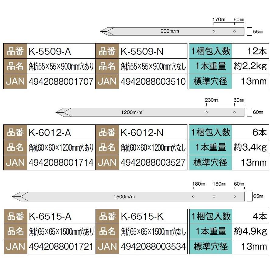 樹脂製 角杭 55mm × 55mm × 900mm / 12本入り K-5509-■ 大研化成工業 |  | 03