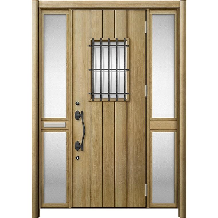 リシェント 玄関ドア3 断熱仕様 / 非防火 K4 D44型 木目調 両袖 中桟付ポスト付 特注サイズ W：1，475〜1，695mm × H：1，739〜2，439mm カバー工法 LIXIL TOSTEM