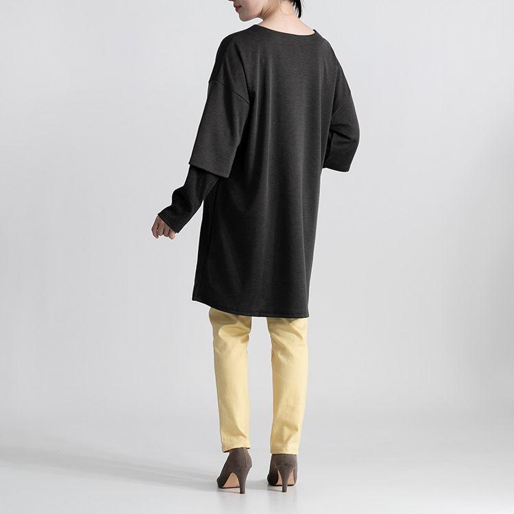 【送料無料/再入荷】 楽過ぎロングチュニック 5色 M-L 洗える 長袖 レディース トップス チュニック カットソー リブニット ストレッチ 体型カバー お尻隠し |  | 14