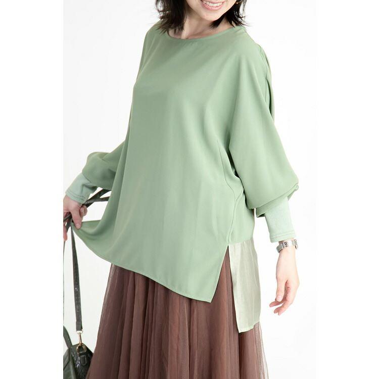 【送料無料】 とろ艶ドルマンチュニック 3色 M L 洗える レディース トップス チュニック ブラウス カットソー 布帛 異素材 リブニット 光沢感 |  | 02