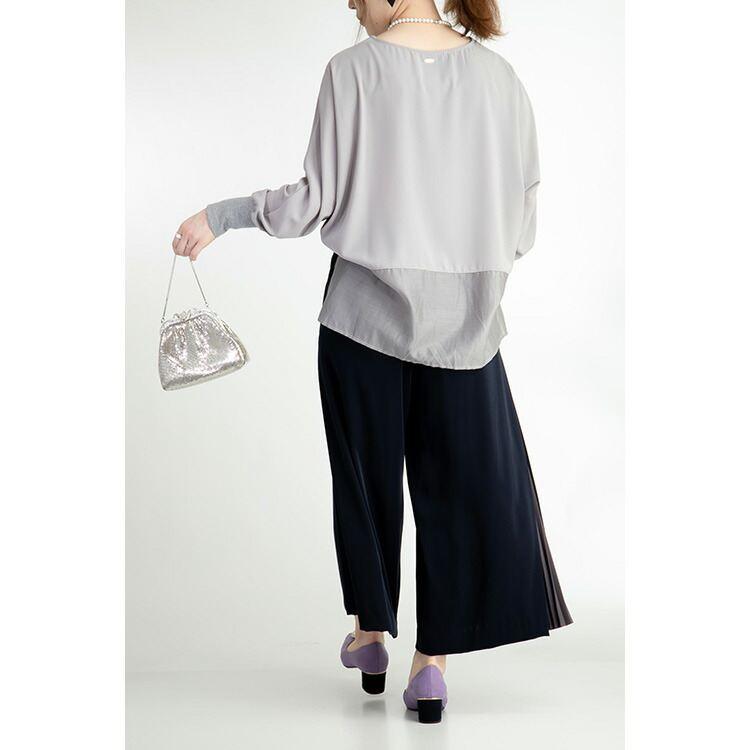 【送料無料】 とろ艶ドルマンチュニック 3色 M L 洗える レディース トップス チュニック ブラウス カットソー 布帛 異素材 リブニット 光沢感 |  | 03