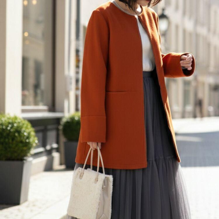 【送料無料】 配色デザインコート 4色 M-LL 洗える ミドル丈 長袖 レディース アウター コート ノーカラー ウールメルトン調 バイカラー ストレッチ |  | 11