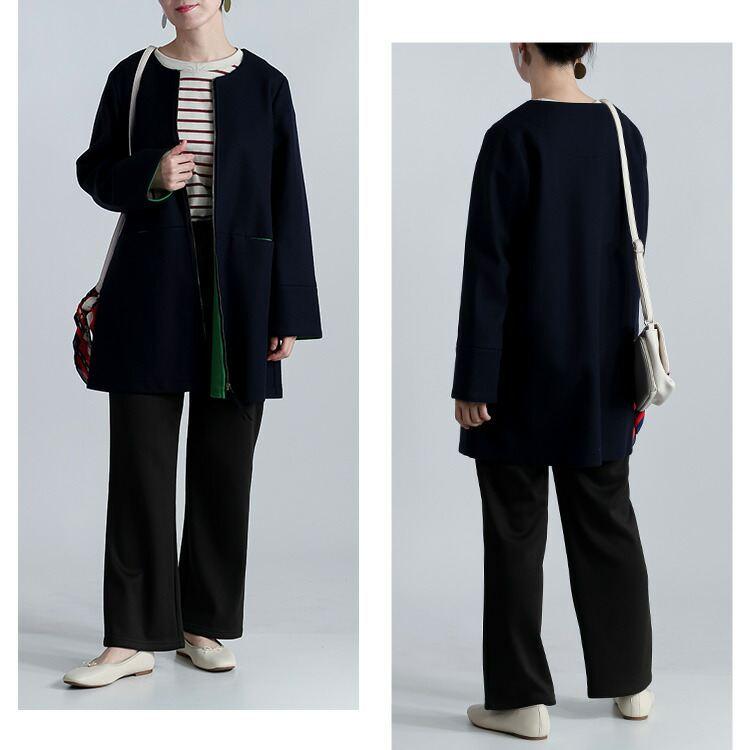 【送料無料】 配色デザインコート 4色 M-LL 洗える ミドル丈 長袖 レディース アウター コート ノーカラー ウールメルトン調 バイカラー ストレッチ |  | 13