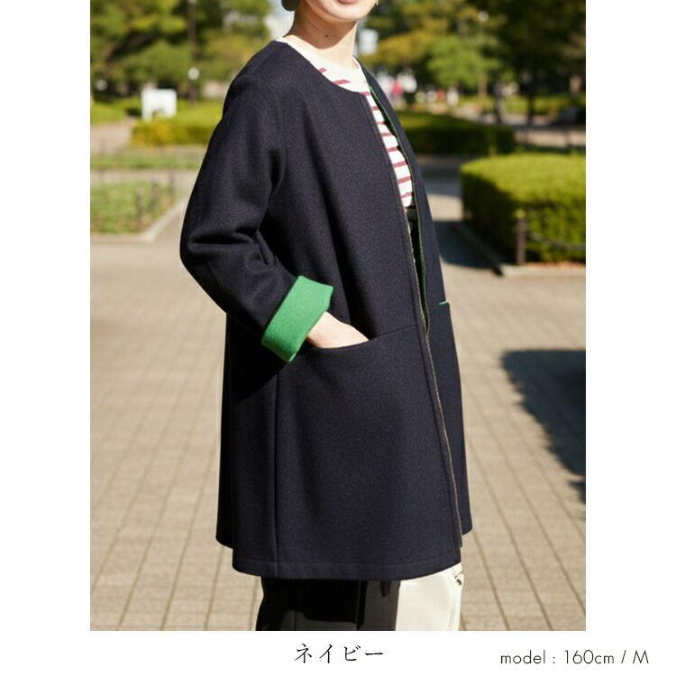 【オレンジのみ大幅値下】配色デザインコート M-LL 洗える ミドル丈 長袖 レディース アウター コート ノーカラー ウールメルトン調 ウールライク 春秋冬 |  | 13