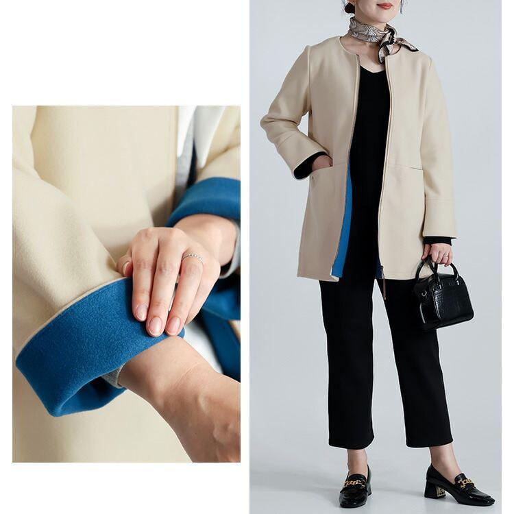 【送料無料】 配色デザインコート 4色 M-LL 洗える ミドル丈 長袖 レディース アウター コート ノーカラー ウールメルトン調 バイカラー ストレッチ |  | 07