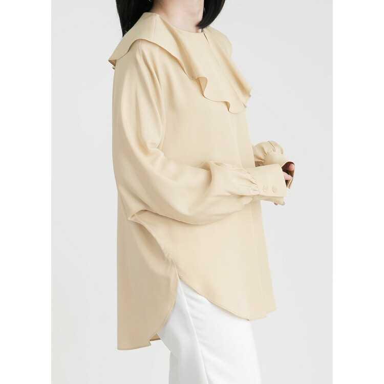 【送料無料】 フレアカラーブラウス 2色 洗える レディース トップス ブラウス フレア 再生繊維 セルロース ゆったりめ 体型隠し 長袖 ミドル丈 春秋冬 9790 |  | 16