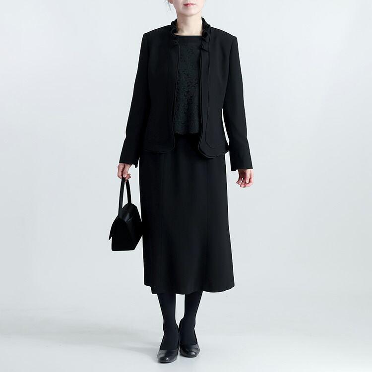 【送料無料/即出】 フリル立ち襟礼服3点スーツ 9-17号 洗える 通年 黒 喪服 礼服 葬式 卒業式 法事 お宮参り レディース ブラック フォーマル スーツ スカート |  | 11