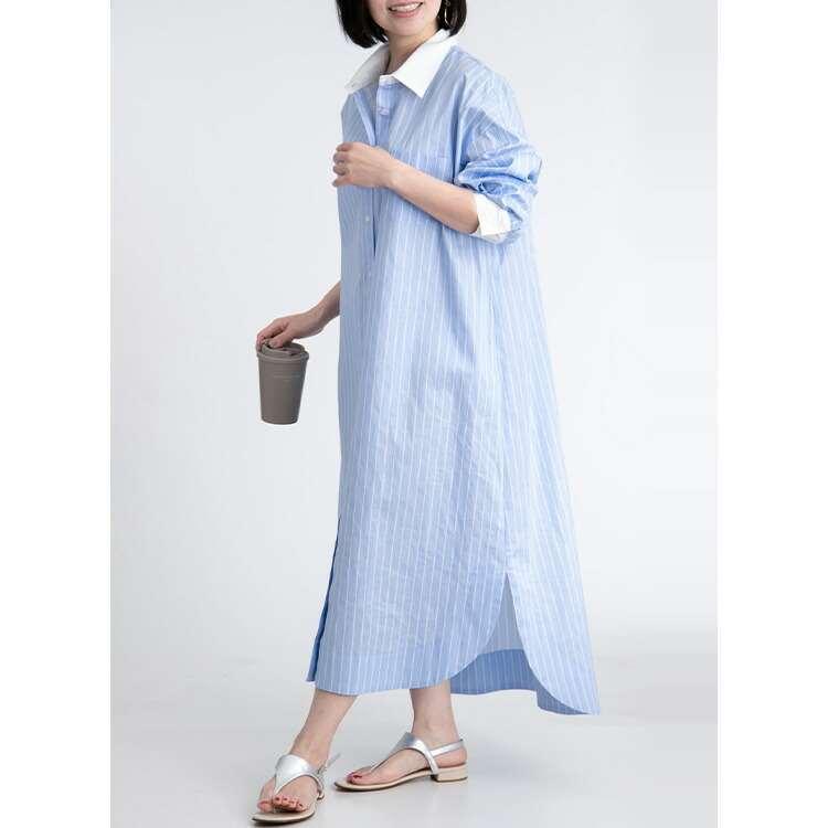 【送料無料】 大人のロング丈ラウンドヘムシャツワンピース 3色 洗える 長袖 レディース トップス ブラウス シャツ シャツワンピース ストライプ 無地 大人 |  | 13