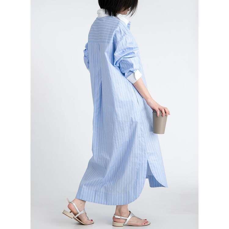 【送料無料】 大人のロング丈ラウンドヘムシャツワンピース 3色 洗える 長袖 レディース トップス ブラウス シャツ シャツワンピース ストライプ 無地 大人 |  | 14