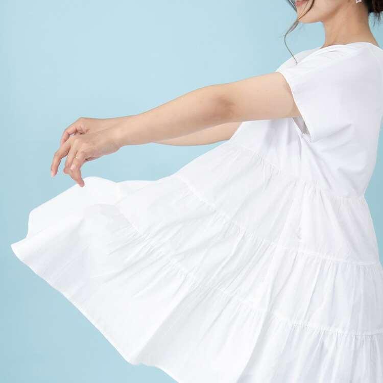 【送料無料】 異素材切替3段ティアードチュニク 3色 レディース トップス チュニック シャツ カットソー 伸縮性 半袖 綿100 洗濯機 ゆったり かわいい 春 |  | 06