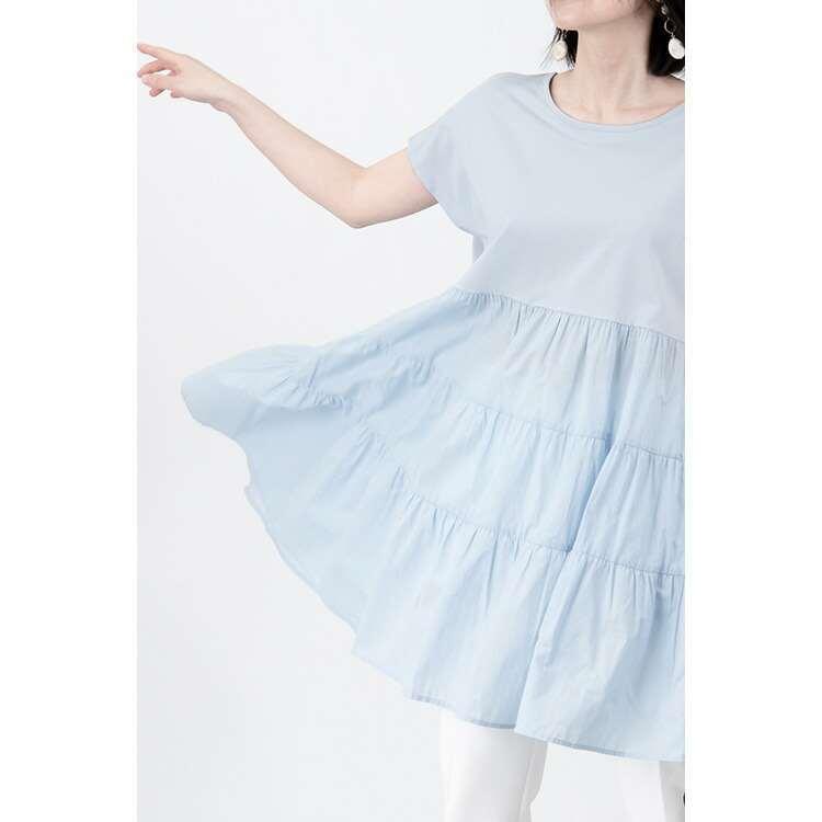 【送料無料】 異素材切替3段ティアードチュニク 3色 レディース トップス チュニック シャツ カットソー 伸縮性 半袖 綿100 洗濯機 ゆったり かわいい 春 |  | 09