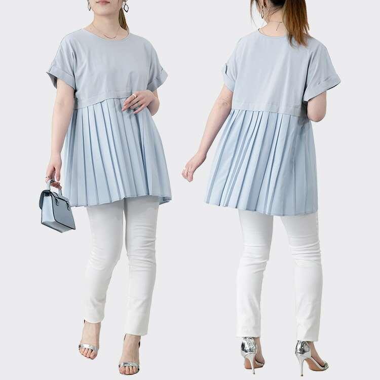 【送料無料】 プリーツが上品な異素材切替チュニック 3色 洗濯機 半袖 トップス チュニック Aライン プリーツ レディース 無地 チュニック丈 |  | 10