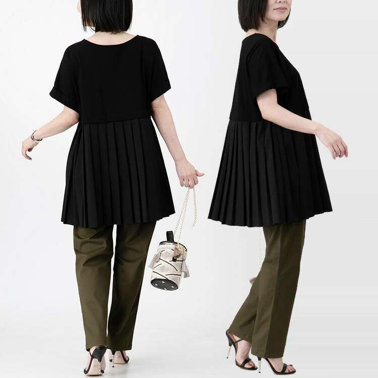 【送料無料】 プリーツが上品な異素材切替チュニック 3色 洗濯機 半袖 トップス チュニック Aライン プリーツ レディース 無地 チュニック丈 |  | 12