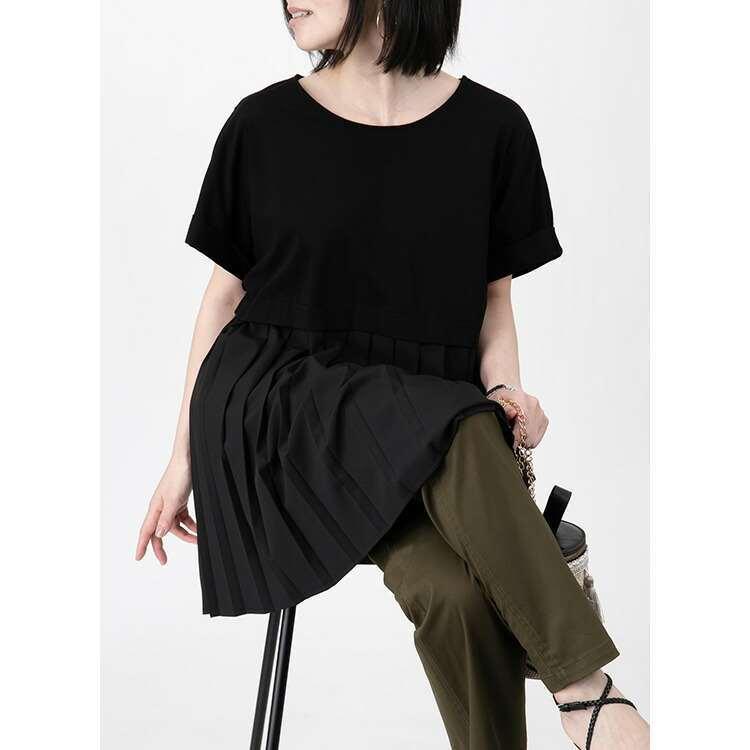 【送料無料】 プリーツが上品な異素材切替チュニック 3色 洗濯機 半袖 トップス チュニック Aライン プリーツ レディース 無地 チュニック丈 |  | 13