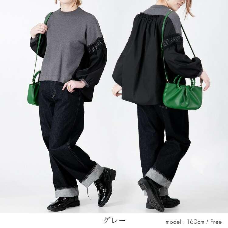 【送料無料/再入荷】 袖レース切替ニット 4色 M-L 洗える レディース プルオーバー チュニック ニット 体型カバー 布帛 異素材 レース 無地 秋冬 |  | 06