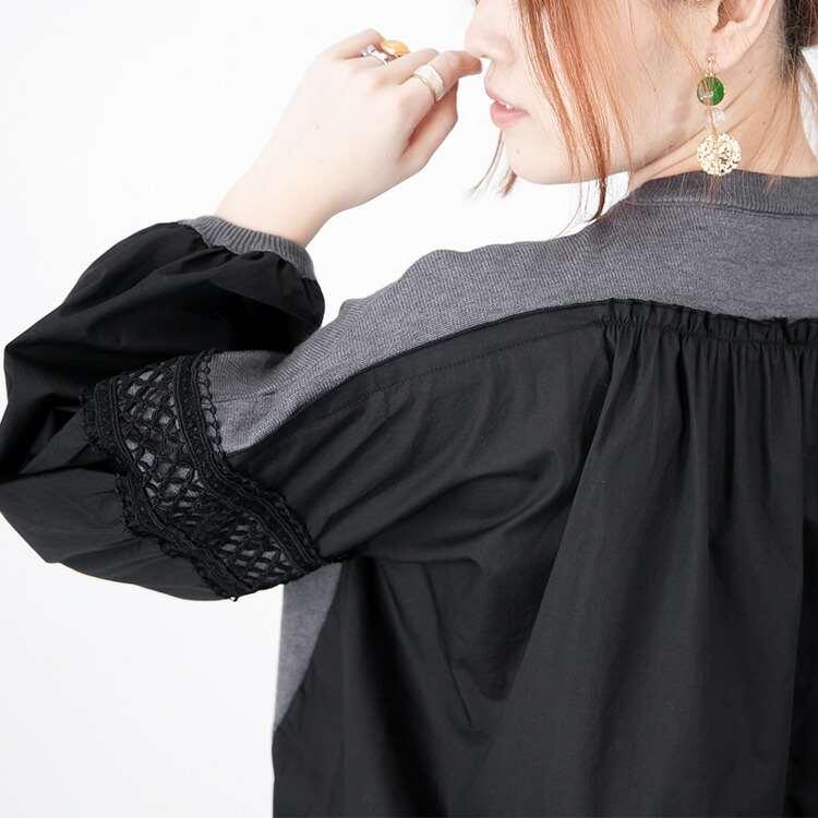 【送料無料/再入荷】 袖レース切替ニット 4色 M-L 洗える レディース プルオーバー チュニック ニット 体型カバー 布帛 異素材 レース 無地 秋冬 |  | 07