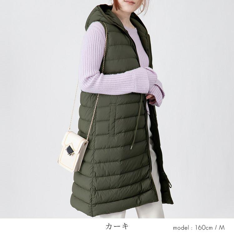 【送料無料】 高見えするストレッチロングダウンベスト 4色 M-LL 内ポケット付 フード付 レディース アウター ダウンベスト ロング丈 撥水加工 防寒 軽量ダウン |  | 11
