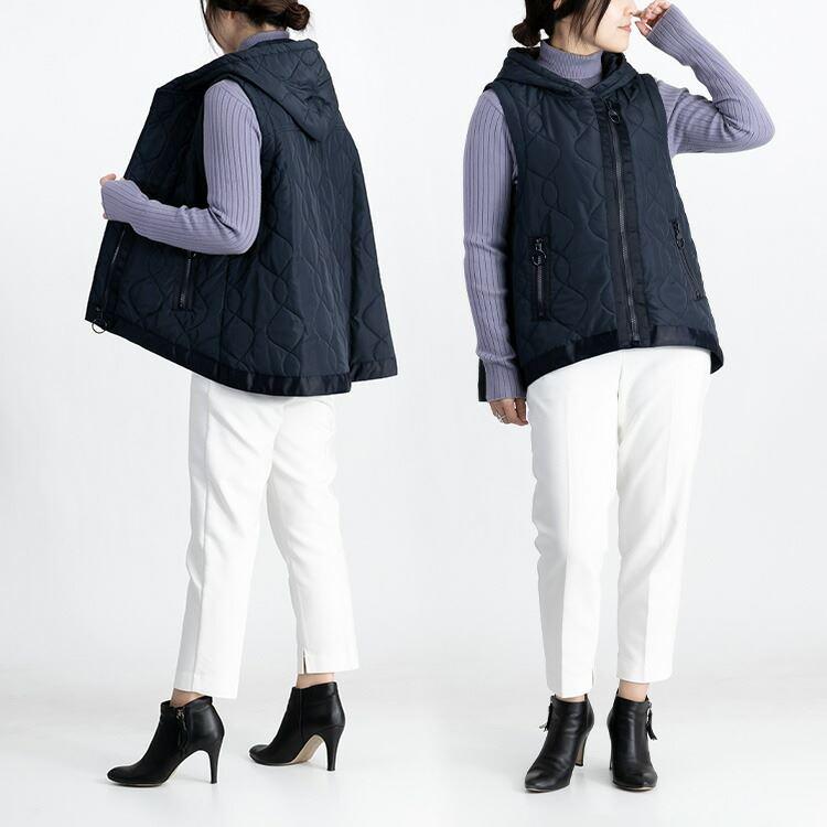 【送料無料】 BIG ZIP使いキルティングベスト 4色 M-LL 中綿 洗える レディース アウター ベスト フード付き 袖なし 保温性 |  | 10