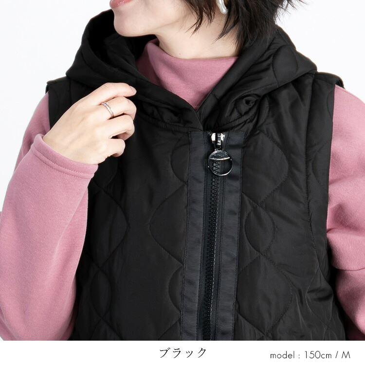 【送料無料】 BIG ZIP使いキルティングベスト 4色 M-LL 中綿 洗える レディース アウター ベスト フード付き 袖なし 保温性 |  | 11
