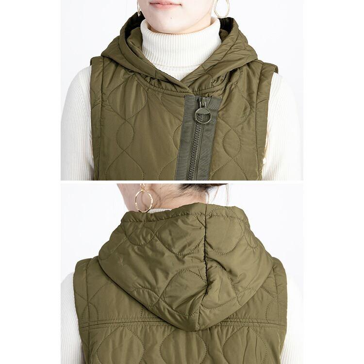 【送料無料】 BIG ZIP使いキルティングベスト 4色 M-LL 中綿 洗える レディース アウター ベスト フード付き 袖なし 保温性 |  | 13