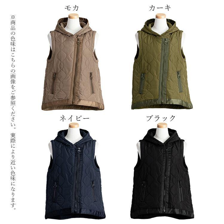 【送料無料】 BIG ZIP使いキルティングベスト 4色 M-LL 中綿 洗える レディース アウター ベスト フード付き 袖なし 保温性 |  | 16